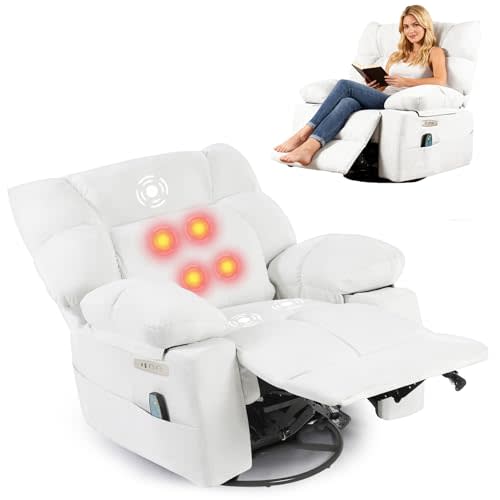 DYHOME Recliner Chair, Wide Rocker Chair, Rocking Chair with Massage and Heat, 270°Swivel Nursery Rocking Chairs, Oversized Recliner for Adults, Chenille Reclining Sofa for Living Room, White Sofa
