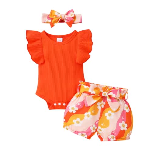 Tiny Cutey Baby Girl Clothes Infant Summer Outfits Set Ruffle Sleeve Romper and Floral Shorts with Headband