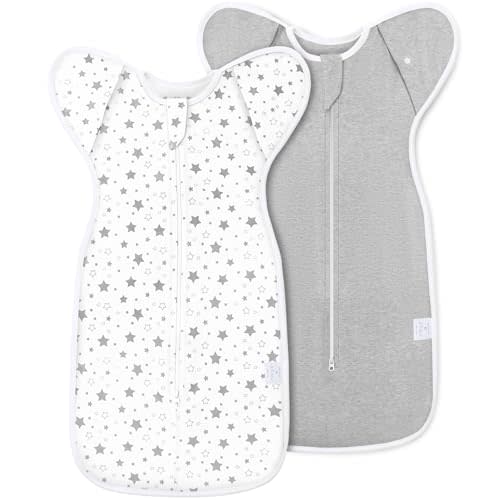 ANYEDDE 2-Pack Baby Swaddle Sleep Sack 3-6 Months - Arms Up Transitional Swaddles with Removable Cuffs & 2-Way Zipper, Gray Stars Design, Breathable Cotton Newborn Sack