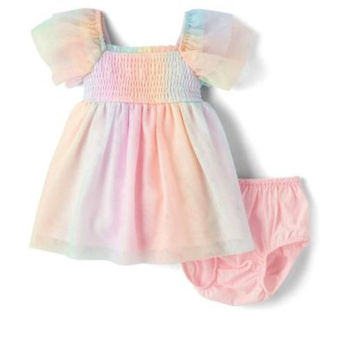 The Children's Place Baby Girls Short Sleeve Rainbow Smocked Mesh Flutter Dress Pink 3-6 M