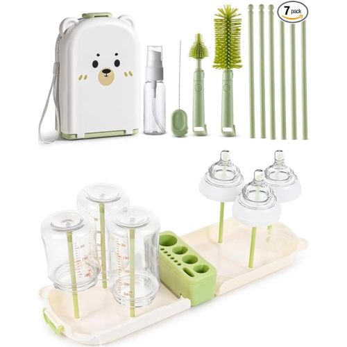 Travel Bottle Cleaner kit, 7in1 Baby Toddler Travel Essential Silicone Bottle Brush Set, Nipple, Drying Rack, Straw, & Breast Pump Cleaning, Soap Dispenser & Organizer Case, Gift Mom