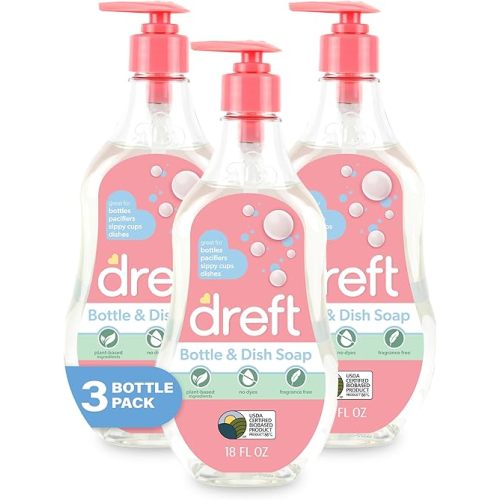 DREFT Bottle and Dish Soap | Made to Clean Baby Bottles, Sippy Cups, Pacifiers, Breast Pumps, & More | Gently Removes Milk Film & Odors | Plant Based, Fragrance Free Dish Soap | 18 Fl Oz (Pack of 3)