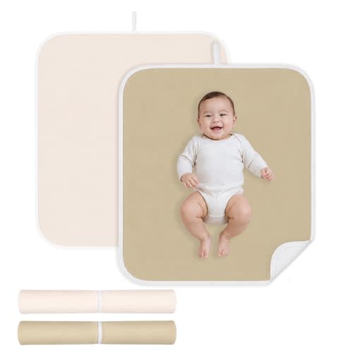 2 Pack Portable Baby Changing Pads, 30 x 24 in, 100% Cotton Top | 3-Layer Absorbent Design, Waterproof Anti-Slip EVA Backing, Machine Washable, Built-In Roll-Up Strap, Folds to 8 x 2 in