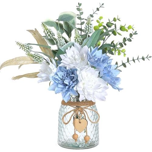 Faux Flowers with Vase,Artificial Silk Flowers in Vase, Fake Plant Eucalyptus and Willow,Flower Arrangement for Home Farmhouse Dining Table Centerpiece Decorations Coffee Table Decor (Dusty Blue)
