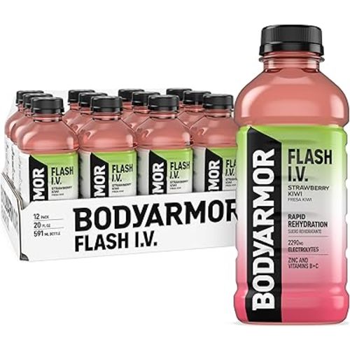 BODYARMOR Flash I.V. Electrolyte Beverage, Strawberry Kiwi, Hydration Drink with Coconut Water For Rapid Rehydration, Post Workout Recovery, 20 Fl Oz (Pack of 12)