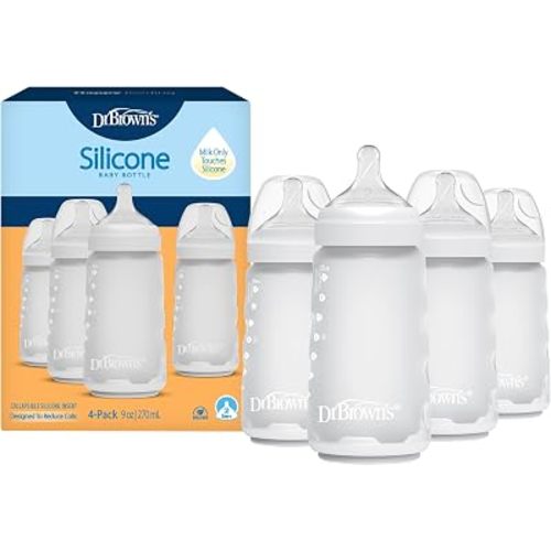 Dr. Brown's Silicone Baby Bottle, 9 oz, Level 2 Nipple, 3m+, White, 4-Pack