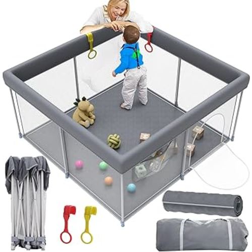 Foldable Playpen for Babies and Toddlers with Mat, 50"x 50" Collapsible Play Pen with 2 Pull Up Rings, Portable Baby Fence Play Yard, Perfect for Travel & Home Indoor& Outdoor, Grey
