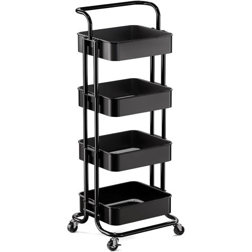 Pipishell Metal 4 Tier Rolling Cart with Handle & 2 Lockable Wheels, Black