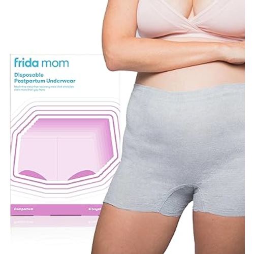 Frida Mom Women's Postpartum Underwear, Disposable Boyshort Underwear, Seamless with Stretchy Support, Postpartum Essentials, Size Regular (Waist 28"-42" Stretched), 8 Count, Grey