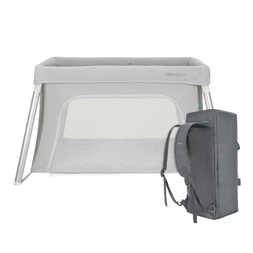 Newton Baby Compact Travel Crib & Play Yard | Breathable & Washable Mattress, Foldable Carry-On Size, Backpack Straps, Gray, Newton Bassinet Attachment NOT Compatible