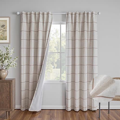 Blackout Brown Plaid Farmhouse Linen Curtains 84 Inch Long 2 Panels Set, 52" W Each Panel
