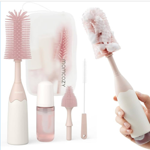 Momcozy Bottle Brush Kit, Innovative Push-Press Design for Better Cleaning - Baby Bottle Cleaner Brush for Baby Bottle, Breast Pumps, Nipples, and More - Can Generate Foam for Better Cleaning, Pink