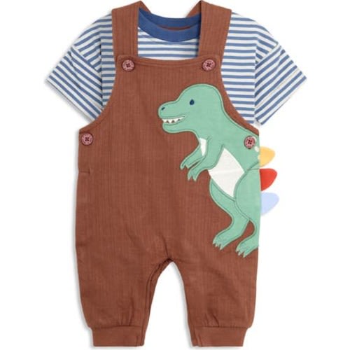 Stripe Cotton T-Shirt & T-Rex Appliqué Overalls Set, 6-12M