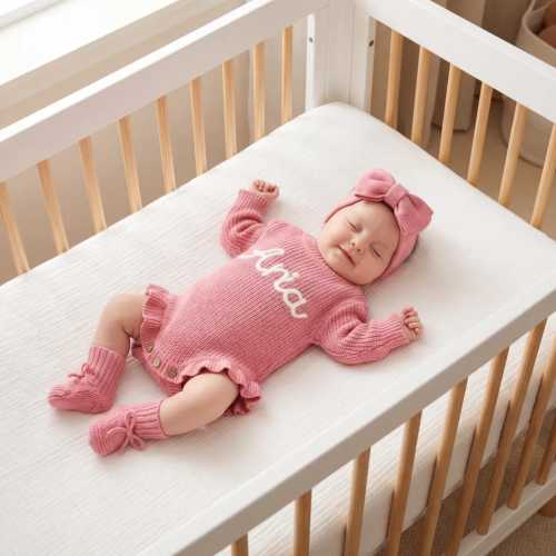 Personalized Knitted Baby Romper Set with Hat & Booties, Custom Embroidered Name Newborn Outfit, Coming Home Suit, Hand-Stitched Gift