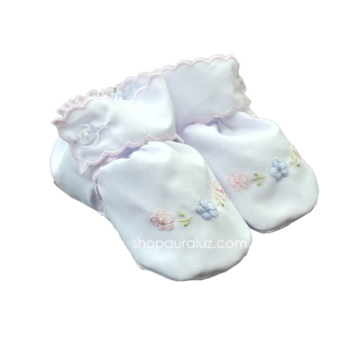 Auraluz Baby Shoe...White with pink scallops and embroidered flowers – AURALUZ