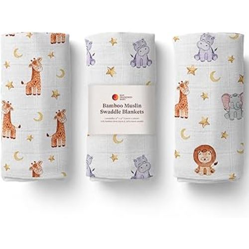 San Francisco Baby Muslin Swaddle Blankets, 3-Pack - Soft Bamboo Rayon and Cotton Receiving Blankets for Boys & Girls - Adorable Animal Design
