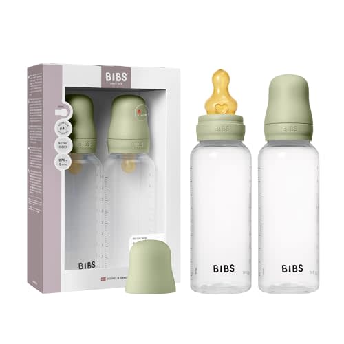 BIBS Plastic Baby Bottle, 270 ml, 2-Pack, Natural Rubber Latex Nipple, Sage | Anti-Colic | Medium Flow | BPA-Free Plastic | Breastfeeding Support | Made in Denmark