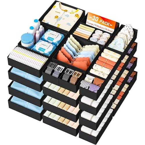 DIMJ Drawer Organizer Clothes 30 Pack - Foldable Baby Organizers and Storage & Closet Organizers for Bedroom, Closet - Nursery Organization Dresser Dividers for underwear, Sock,Bra, Belt, Tie, Black