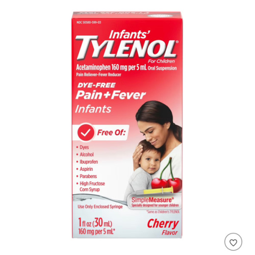 Infants' Tylenol Liquid Pain Relief and Fever Medicine, Oral Suspension, Dye-Free Acetaminophen for Sore Throat, Headache & Teething, Fever Reducer for Kids; Cherry Flavor, 2 fl. oz.; Pack of 1