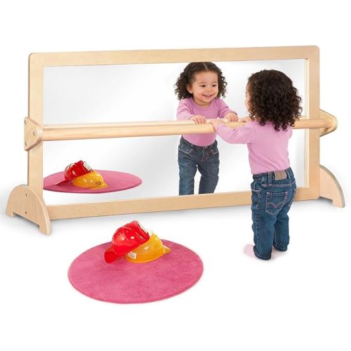 3-Position Montessori Wood Frame Non-Shatter Safety Pull Up Bar Baby Big Mirror Set, Infant Coordination Mirror, Kids Classroom Furniture for Daycare, Homeschool or Preschool