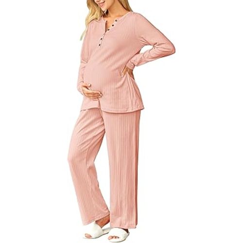 OUGES 100% Cotton Womens Maternity Nursing Pajamas Sets 2 Piece Pregnancy Delivery Postpartum Lounge Pjs with Pockets