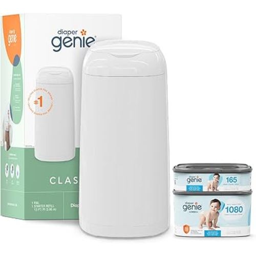 Diaper Genie Classic Diaper Pail Gift Set | Push-N-Lock Odor Control | Includes Starter Refill and Jumbo+ Refill | Holds up to 1,245 Newborn Diapers | Baby Registry Must-Have