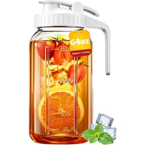64oz Glass Pitcher, 2 Quart Mason Jar Pitcher with Lid and Spout | Wide Mouth | Airtight | Leakproof | Glass Water Jug for Juice, Sun Iced Tea, Cold Brew Coffee, Milk Storage, White