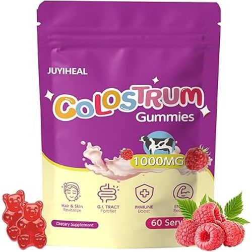 Colostrum Gummies, 1000 mg Grass Fed Colostrum Chews Colostrum Supplement for Gut Health, Hair Growth, Beauty, and Immune Support, Raspberry Flavor 60 Servings