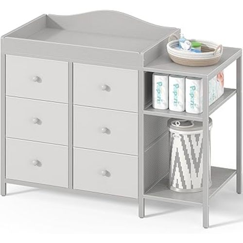 BOLUO Baby Dresser with Changing Table Top, Gray Changing Table Dresser with 6 Fabric Drawers Diaper Changing Station with Storage Shelf for Nursery Modern