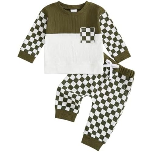 allshope Toddler Baby Boy Fall Outfit Checkerboard Patchwork Long Sleeve Sweatshirt Elastic Waist Pants Newborn Clothes Set