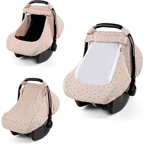 Car Seat Cover Baby, HNHUAMING Muslin Cotton Carseat Covers for Babies Girls Boys Summer Infant Car Seat Covers Canopy, Cozy Newborn Carseat Covers Stroller Cover with Breathable Mesh Window, Brown