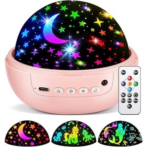 Unicorn Night Light for Girls, Unicorn Room Decor for Girls Bedroom, Star Projector, Remote+Dimmable Little Mermaid Toys, 360° Silent Rotation, Princess Night Light