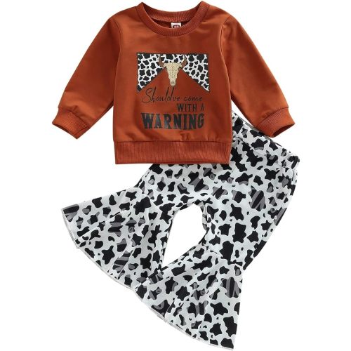 Omkzanbi Western Baby Girl Clothes Cowgirl Sweatshirt Retro Boho Cow Print Flared Pants Toddler Bell Bottoms Winter Outfits