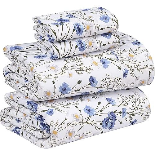 RUVANTI 100% Cotton Sheets Queen Size Set, 4 Pieces, Soft & Breathable Percale Weave Bedding, Deep Pocket 16", Hotel Standard, Crisp Cool Feeling, Durable, Perfect Floral Bed Sheet, Sweet Pea