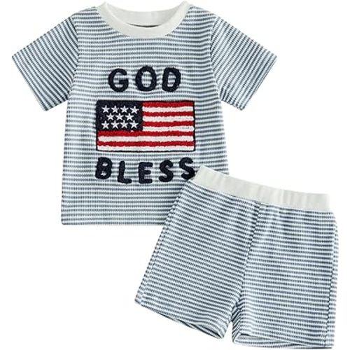 Baby Boy Summer Clothes Mamas Boy Embroidered Waffle Knit Short Sleeve T-Shirt Shorts Set Toddler Striped Outfit