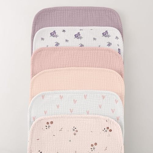 Bearmoss Muslin Burp Cloths, 100% Cotton Baby Burping Clothes, Large Extra Soft Absorbent for Unisex Newborn Boy and Girl, 20x10in, 6 Pack, Pink Print