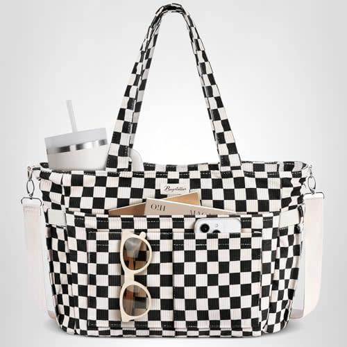 Bagstellar Corduroy Tote Bag for Women, 17 Pockets Laptop Work Tote Bag Lightweight Teacher Nurse Bible Bag for School Travel