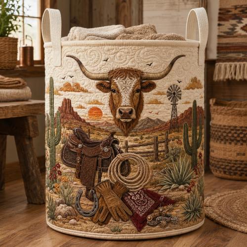 Quilted Western Longhorn Storage Basket, Rustic Cowboy Laundry Bin