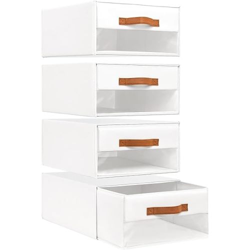 DIMJ Closet Organizers and Storage - Fabric Bins with Drawers for Closet Foldable Clothes Organizers with Clear Window, Stackable Storage Drawers Units for Bedroom, Living Room, 4-Pack, White
