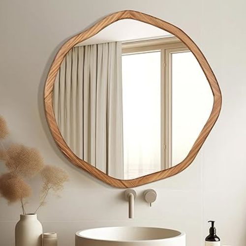 ULIKE Round Wood Mirror 24 Inch Circle Wall Mirror, Asymmetrical Bathroom Vanity Mirror with Wood Frame, Decorative Wall Mounted Mirror for Bedroom, Living Room, Entryway, Rustic Brown