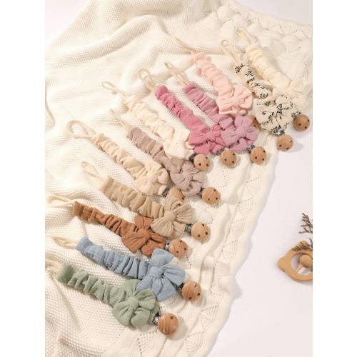 2pcs Baby Solid & Printed Pacifier Clips, Bowknot Pacifier Holder, Wooden 3-Hole Pacifier Clips, Suitable For Daily Use In Blue, Pink, Khaki