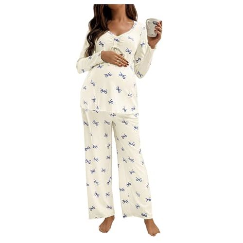 WDIRARA Women's 2 Piece Maternity Lounge Sets Bow Print Long Sleeve Sleepwear Pants Pajama Sets