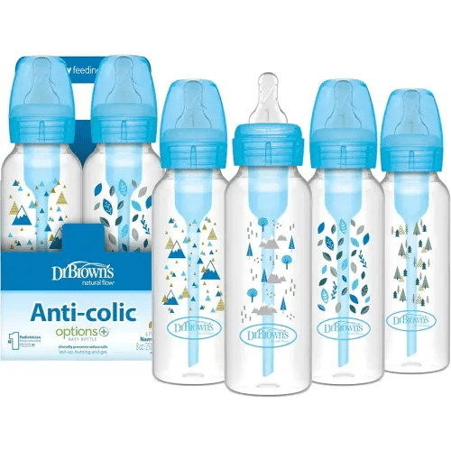 Dr. Brown's Natural Flow Anti-Colic Options+ Narrow Baby Bottle, Blue Nature, 8 oz/250 mL, with Level 1 Slow Flow Nipples, 0m+, 4 Pack
