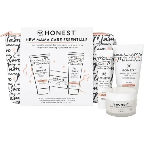 The Honest Company New Mama Care Essentials Gift Set, Hospital Bag Must Haves, Travel Size Nip Balm (0.5 oz) Glow On Body Cream (1 Gotta Face Wash (1.75 fl) with Reusable Pouch