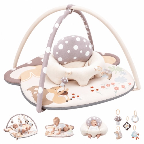 suihuooo Baby Gym Play Mat,Sitting-up Babies Seats for Infants,with 5 Detachable Toys,Activity Tummy Time Playmats for Newborn Gifts 0-18 Months,Khaki