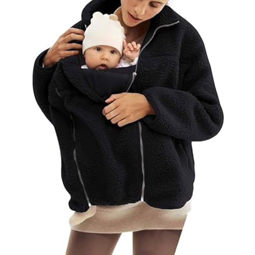 Mywinway Maternity Coat Fall Winter Mom Cozy Carrier Fleece Sherpa jacket Warm Zip Up Coats Clothing