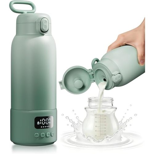 Portable Bottle Warmer for Travel, Baby Milk Warmer with Fast Heating & Long Battery Life, 17Oz Large Capacity 316L Stainless Steel, Keep Warm Function, Green