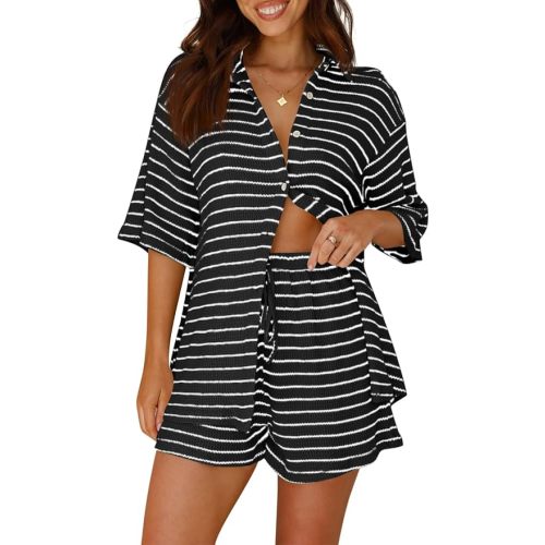 Tankaneo Womens Striped 2 Piece Sets Short Sleeve Lounge Set