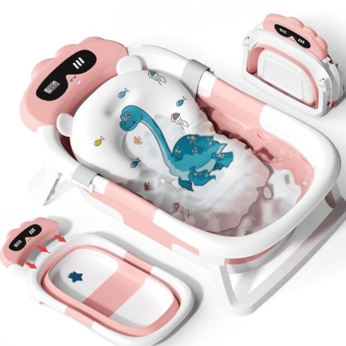 stusgo Collapsible Baby Bathtub, Plastic Dinosaur Baby Bath Tub with Soft Cushion & Thermometer（Pink）