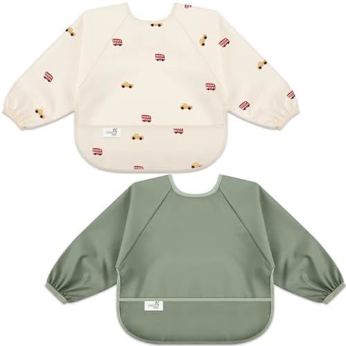 Long Sleeve Baby Bib, Waterproof Fabric, Full Coverage with Catch-All Pocket, 2pk Baby Smock Bib, Adjustable Sleeves Toddler bib for Ages 6-24 Months